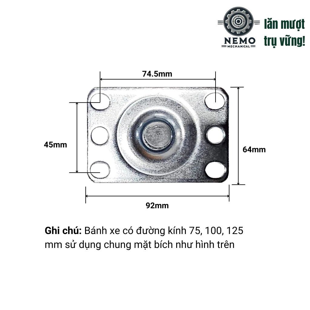 Bánh xe đẩy hàng PU lõi gang, bền bỉ, chịu hóa chất, 7cm, 10cm, 12cm, 115-150kg